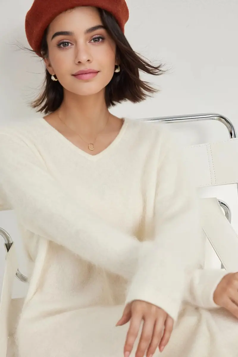 Classic Brushed Cashmere V-Neck Long Sleeve Sweater Dress - HBQMJX