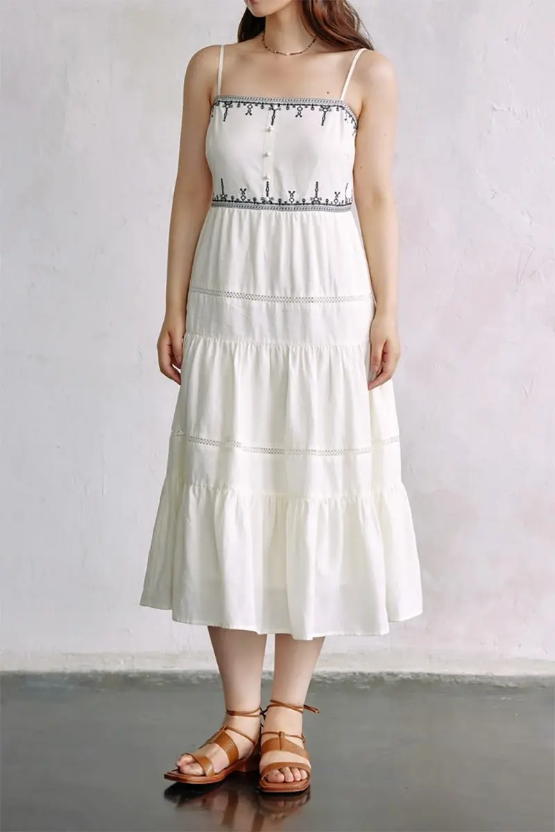 White Tiered Embroidered Spaghetti-Strap Midi Dress - HBQMJX