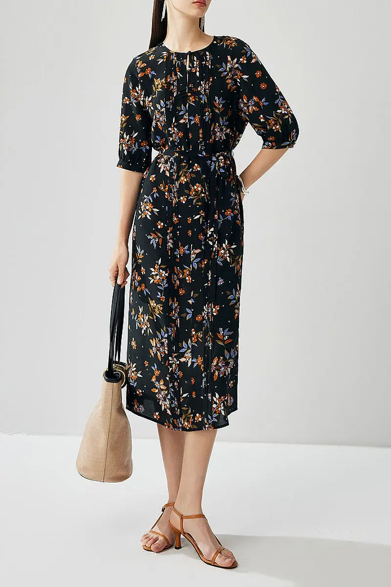 100 Silk Floral Double Crepe Midi Dress - HBQMJX