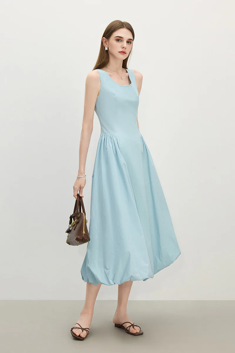 Baby Blue 100 Cotton Sleeveless Scoop-Neck Bubble Midi Dress - HBQMJX