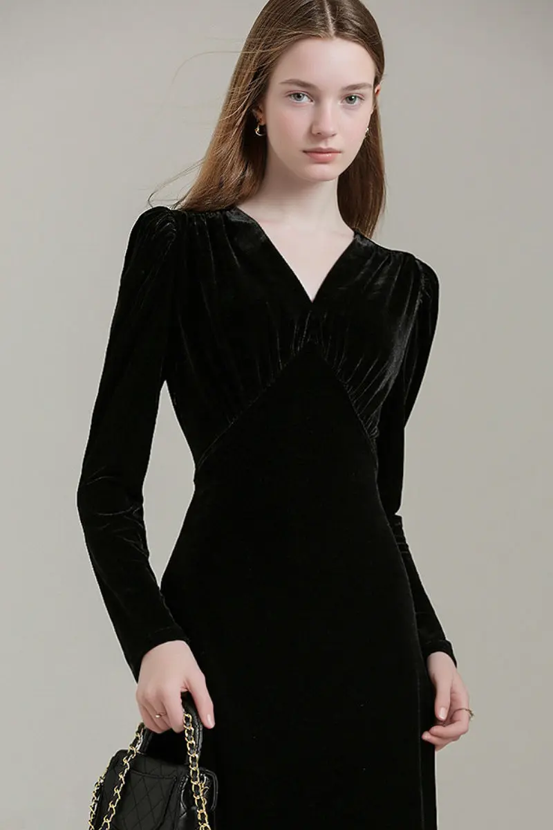 Black V Neck Long Sleeve Velvet Midi Dress with Ruched Waist - HBQMJX