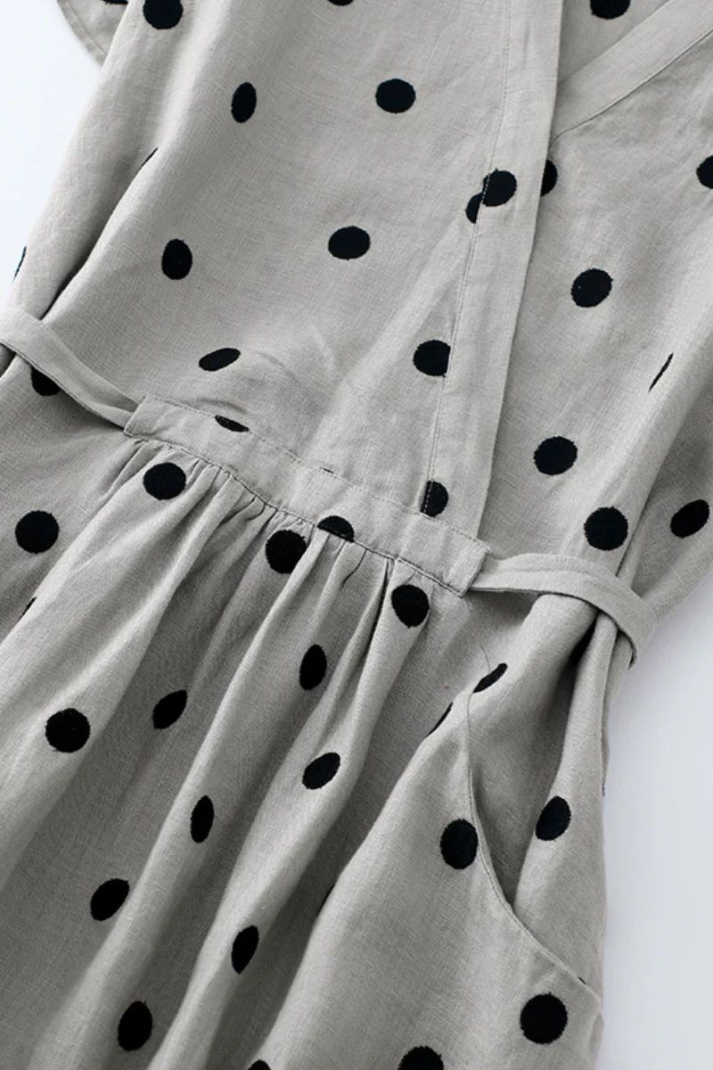 100% Ramie Polka Dot V-Neck Midi Dress - HBQMJX