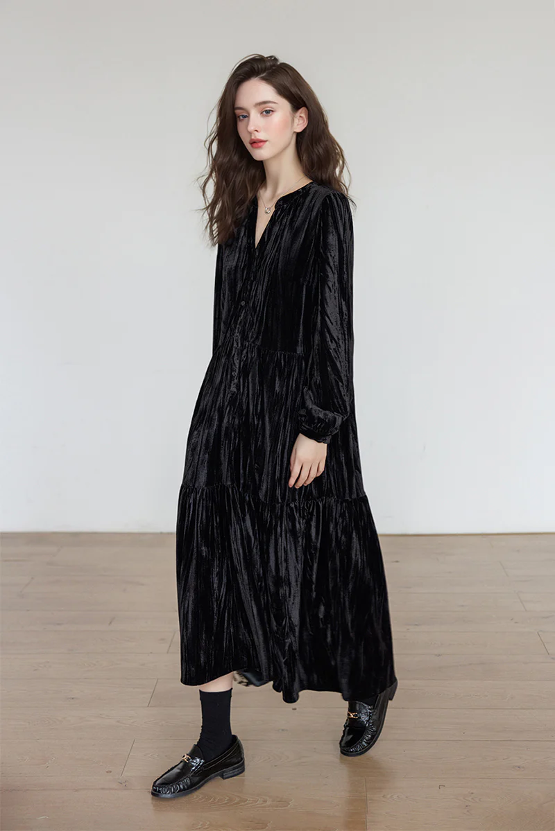 Tiered Long-Sleeve Button-Down A-Line Velvet Midi Dress - HBQMJX