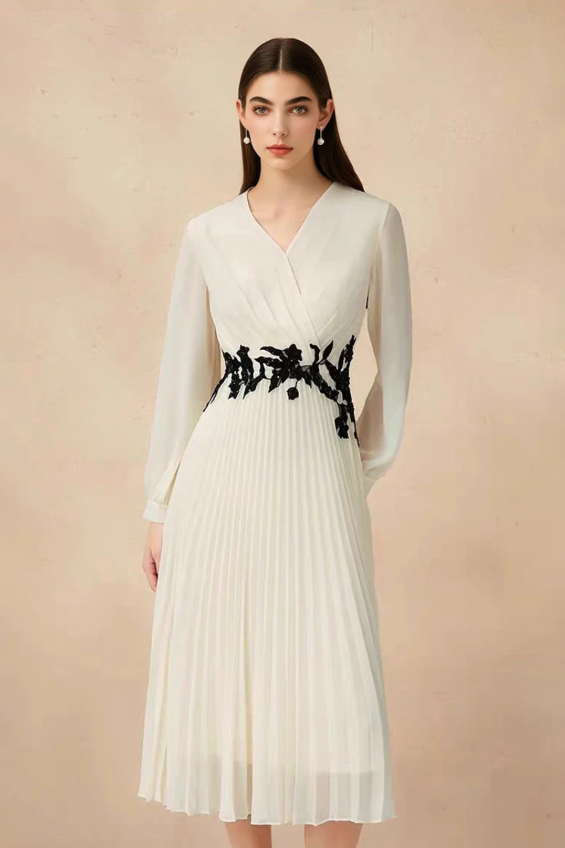 White Pleated Hand Embroidered Long-Sleeve Midi Dress - HBQMJX