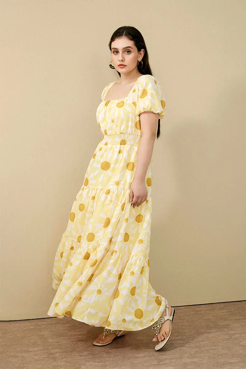 Yellow Floral Tiered Smocked Maxi Dress - HBQMJX