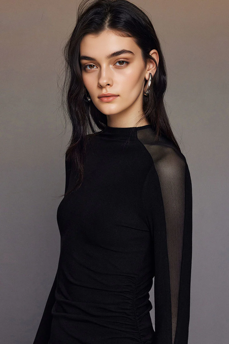 Black Bodycon Maxi Dress with Mesh Sleeve - HBQMJX