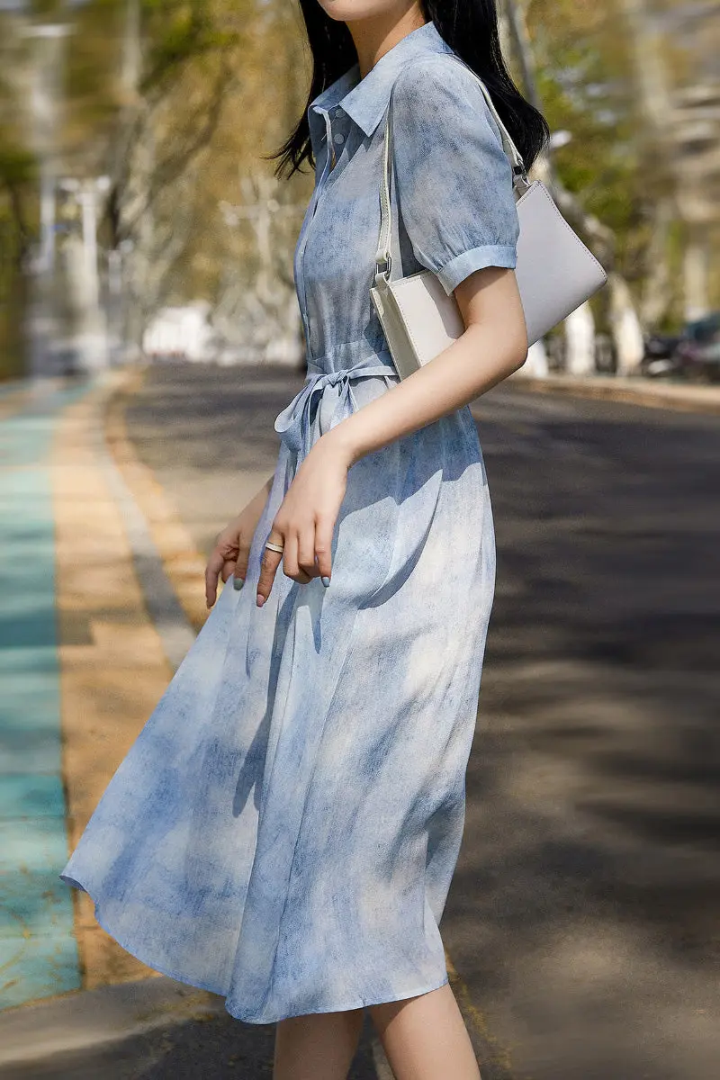 100 Mulberry Silk Blue Tie Dye Shirt Midi Dress - HBQMJX