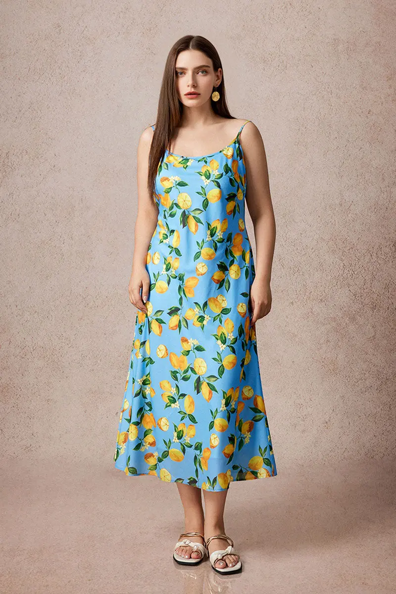 Blue Lemon Print Midi Slip Dress - HBQMJX