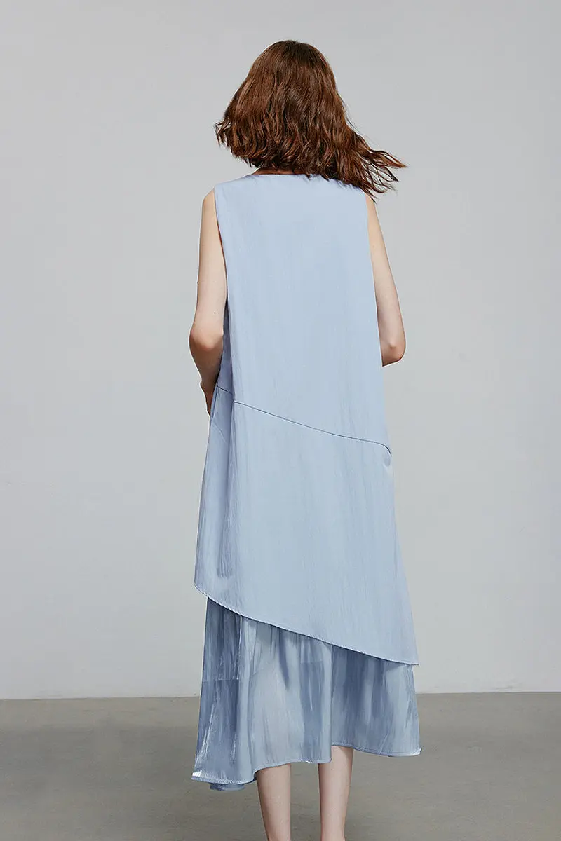 Blue Flowy Asymmetrical Sleeveless Trapeze Midi Dress - HBQMJX