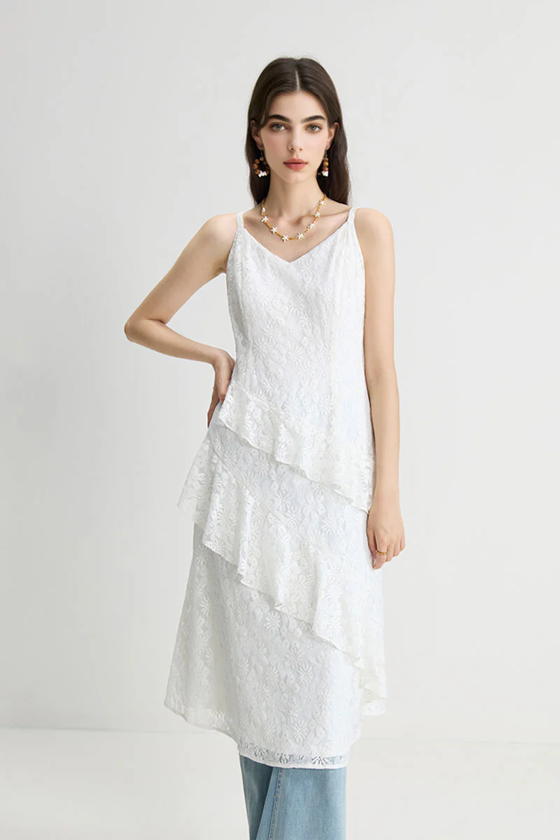 White Lace Tiered Sleeveless V-Neck Midi Dress - HBQMJX