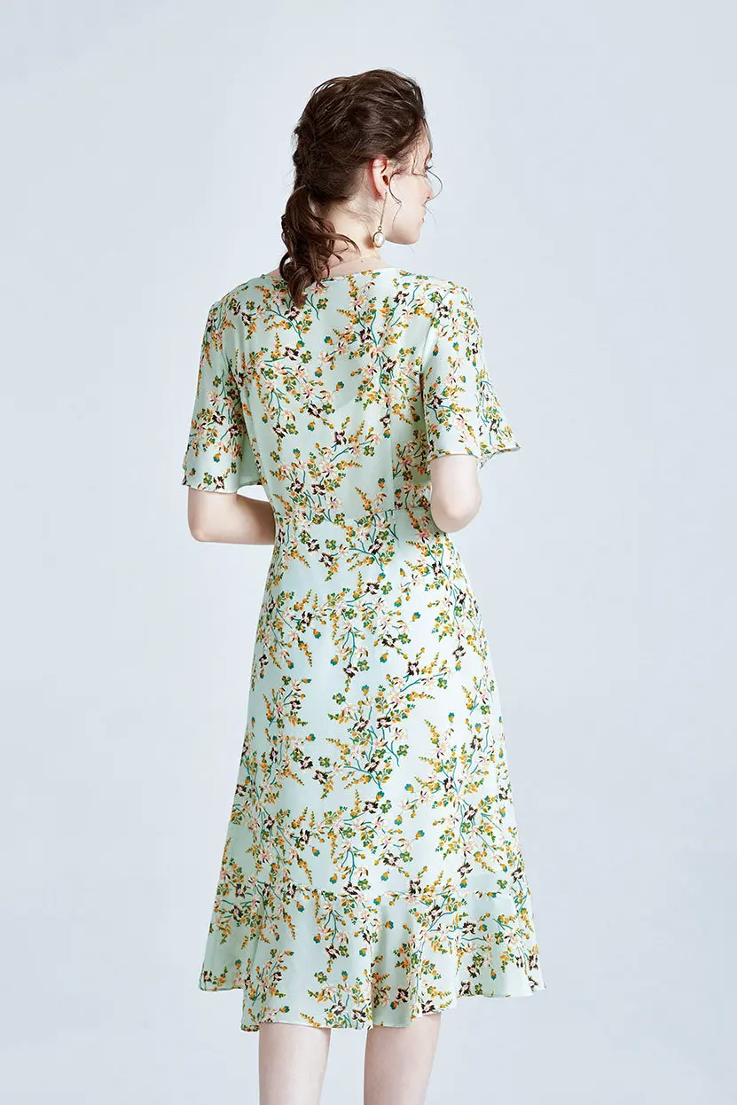 100 Mulberry Silk Short Sleeve Floral Midi Dress - HBQMJX