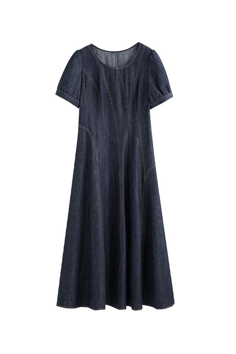 Denim Short-Sleeve A-Line Midi Dress - HBQMJX
