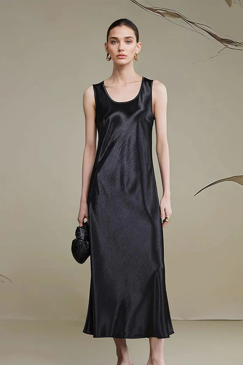 Satin Sleeveless Scoop-Neck Tank Midi Dress - HBQMJX