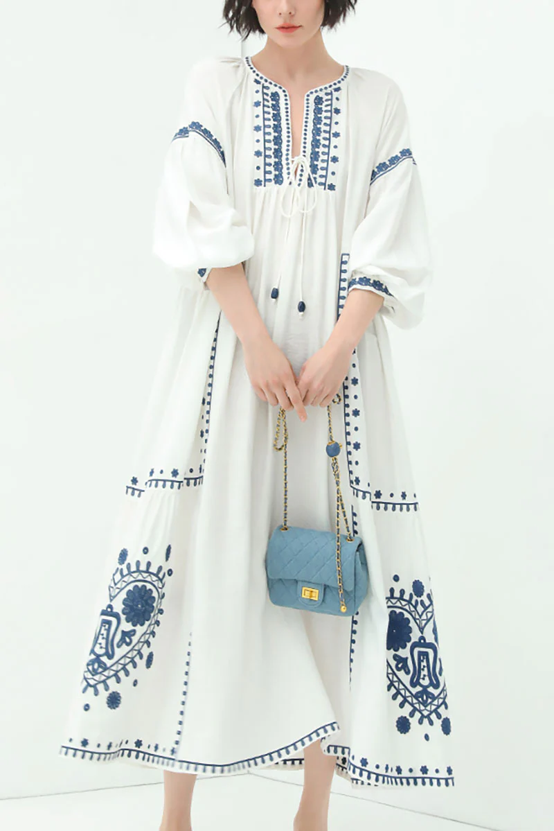Boho Embroidered Long-Sleeve Split-Neck Maxi Dress - HBQMJX