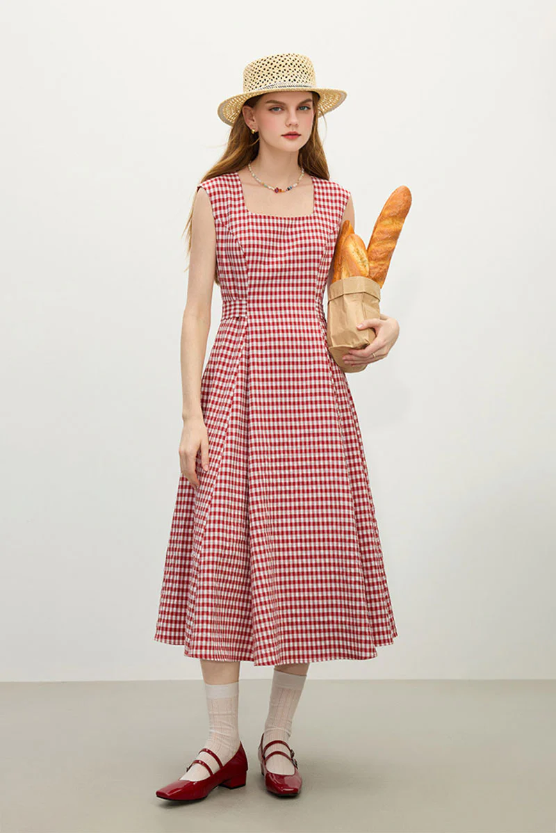 Red Gingham A-Line Midi Dress with Back Tie - HBQMJX