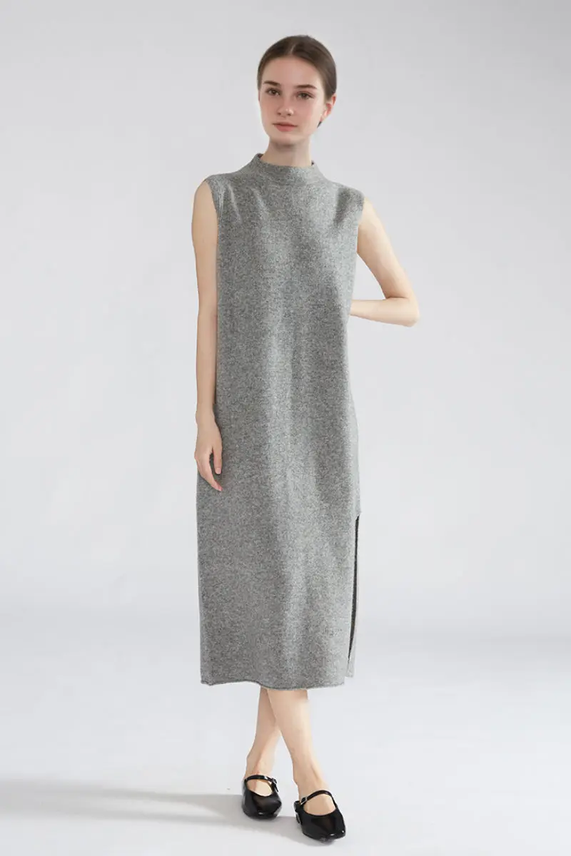 100 Wool Seamless Knit Sleeveless Midi Sweater Dress with Side Slit - HBQMJX