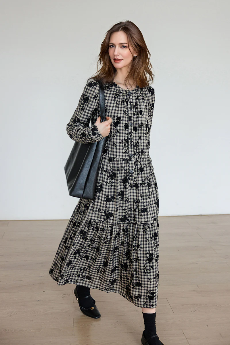 Tiered Long-Sleeve Button-Down A-Line Gingham Midi Dress - HBQMJX