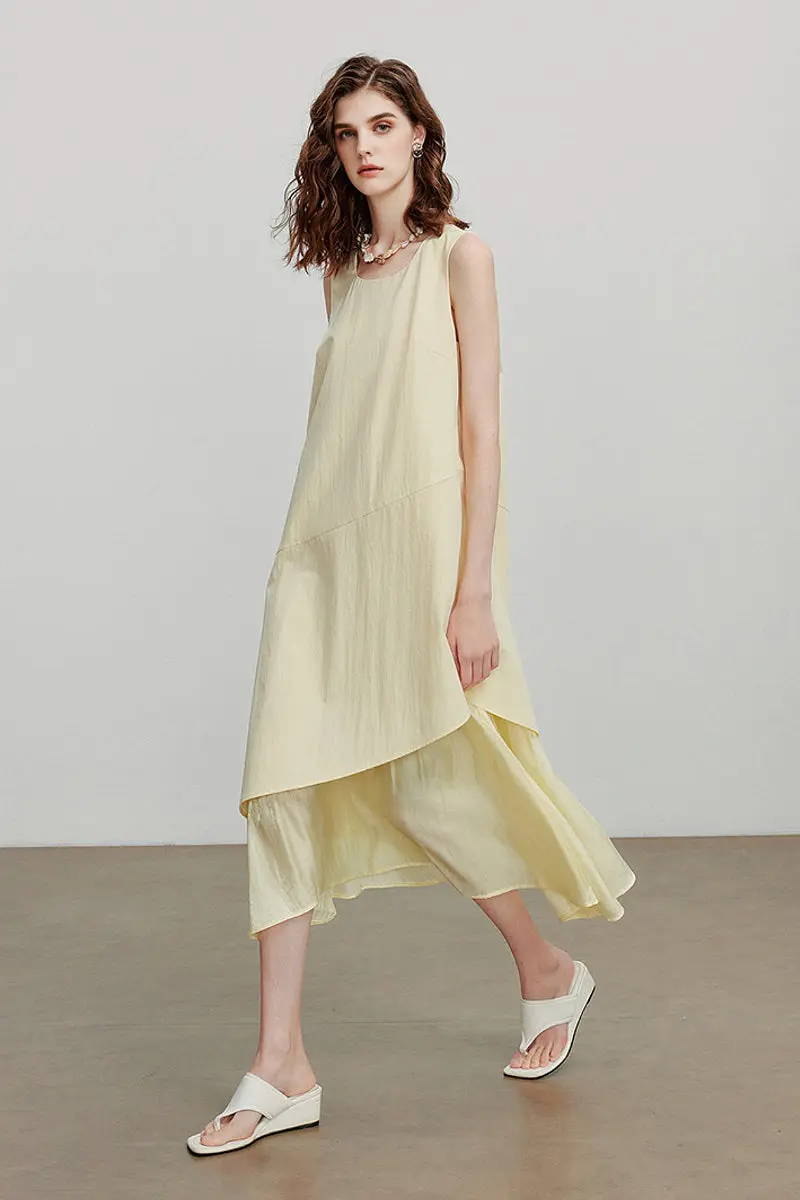 Yellow Flowy Asymmetrical Sleeveless Trapeze Midi Dress - HBQMJX