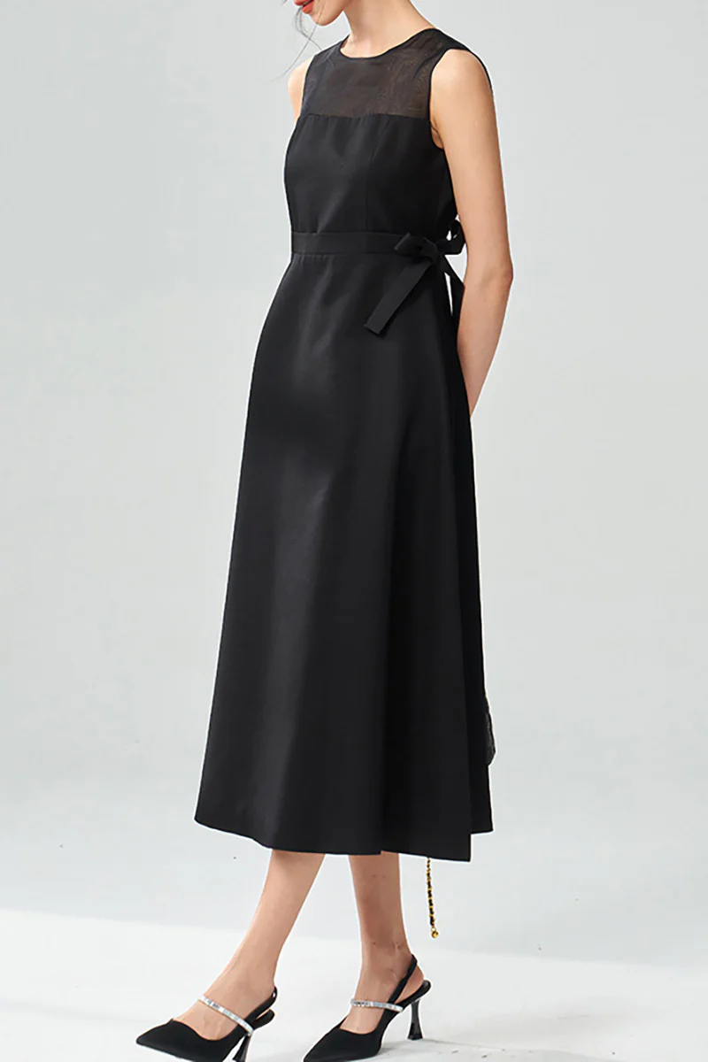 Black Sleeveless A-Line Organza Midi Dress with Bow - HBQMJX