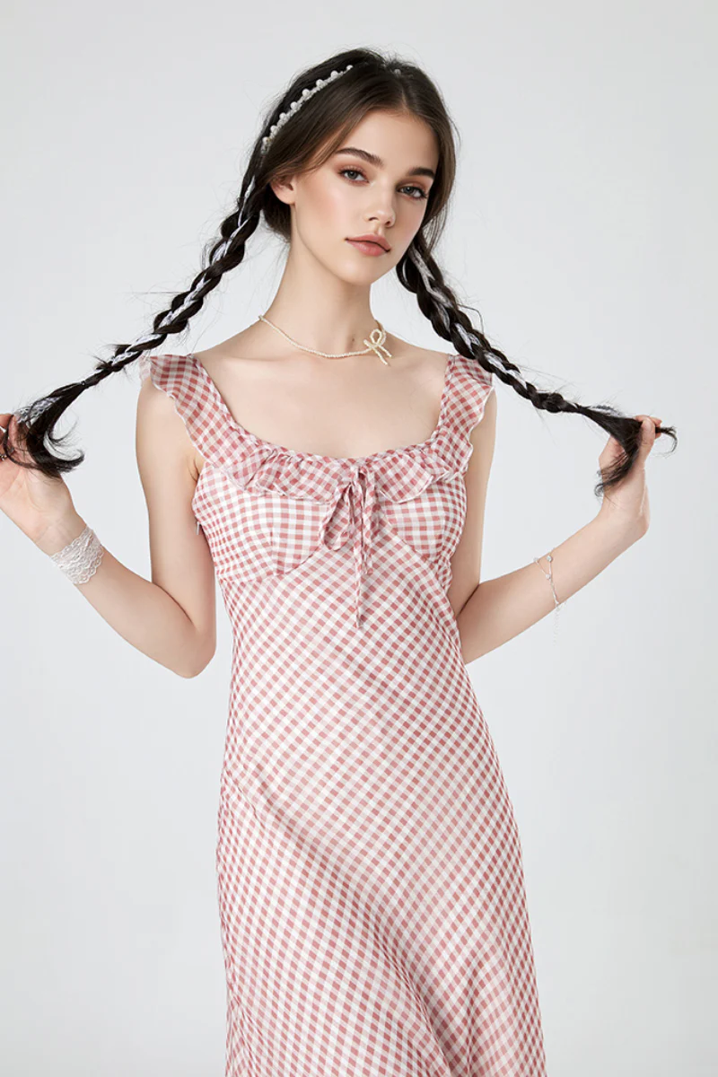 Picnic Gingham Tie-Front Ruffle-Neck Midi Dress - HBQMJX