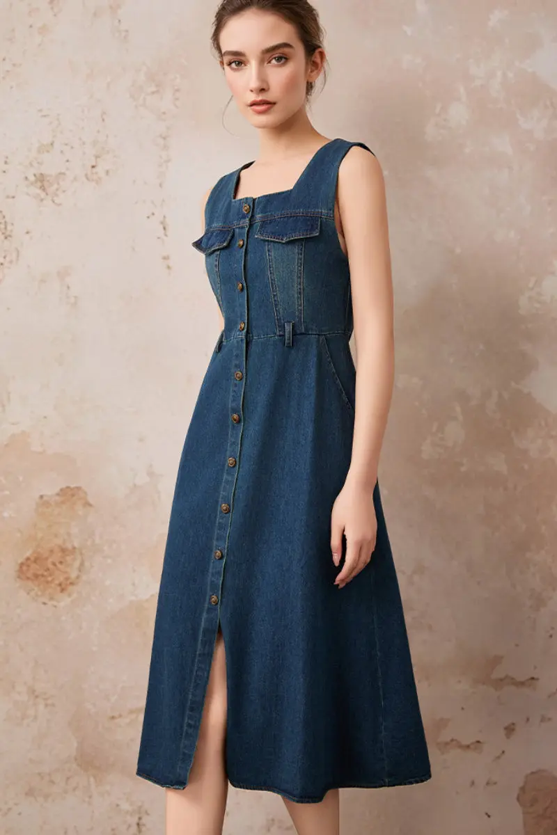 Denim Sleeveless A-Line Midi Shirt Dress - JIEEQQ