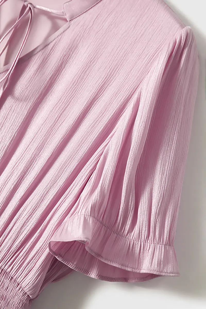 Pink Silky Tiered Puff-Sleeve Maxi Dress - HBQMJX