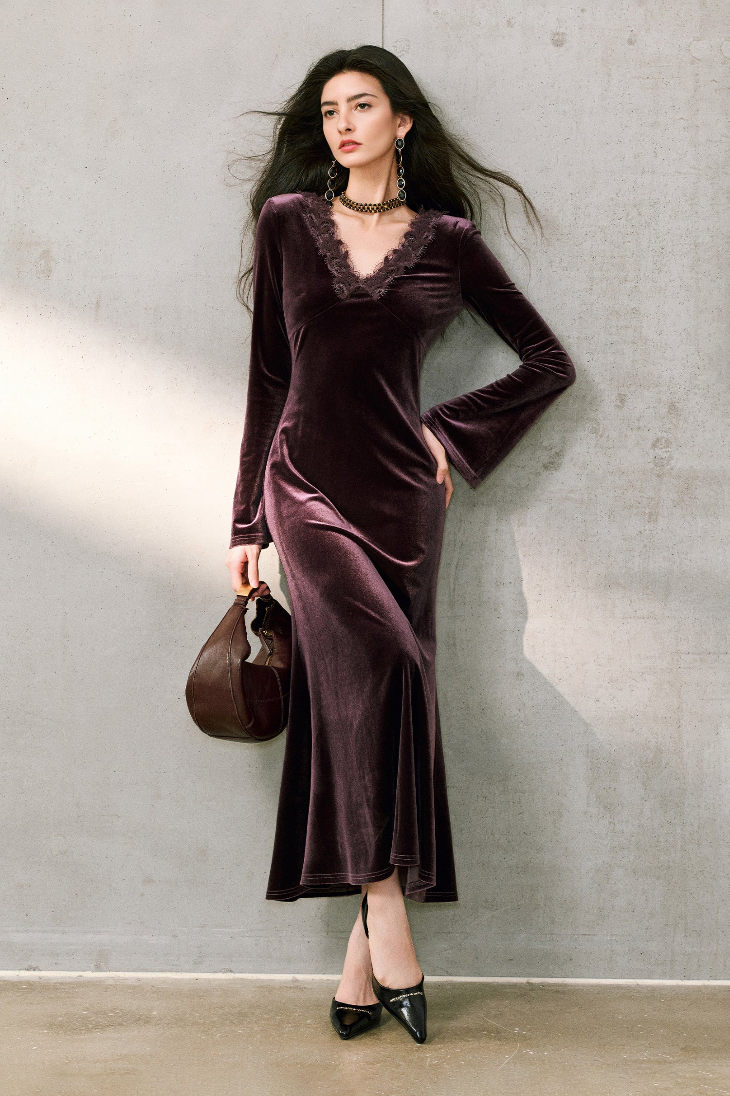 Purple Velvet Long Sleeve Lace V-Neck Maxi Dress - HBQMJX
