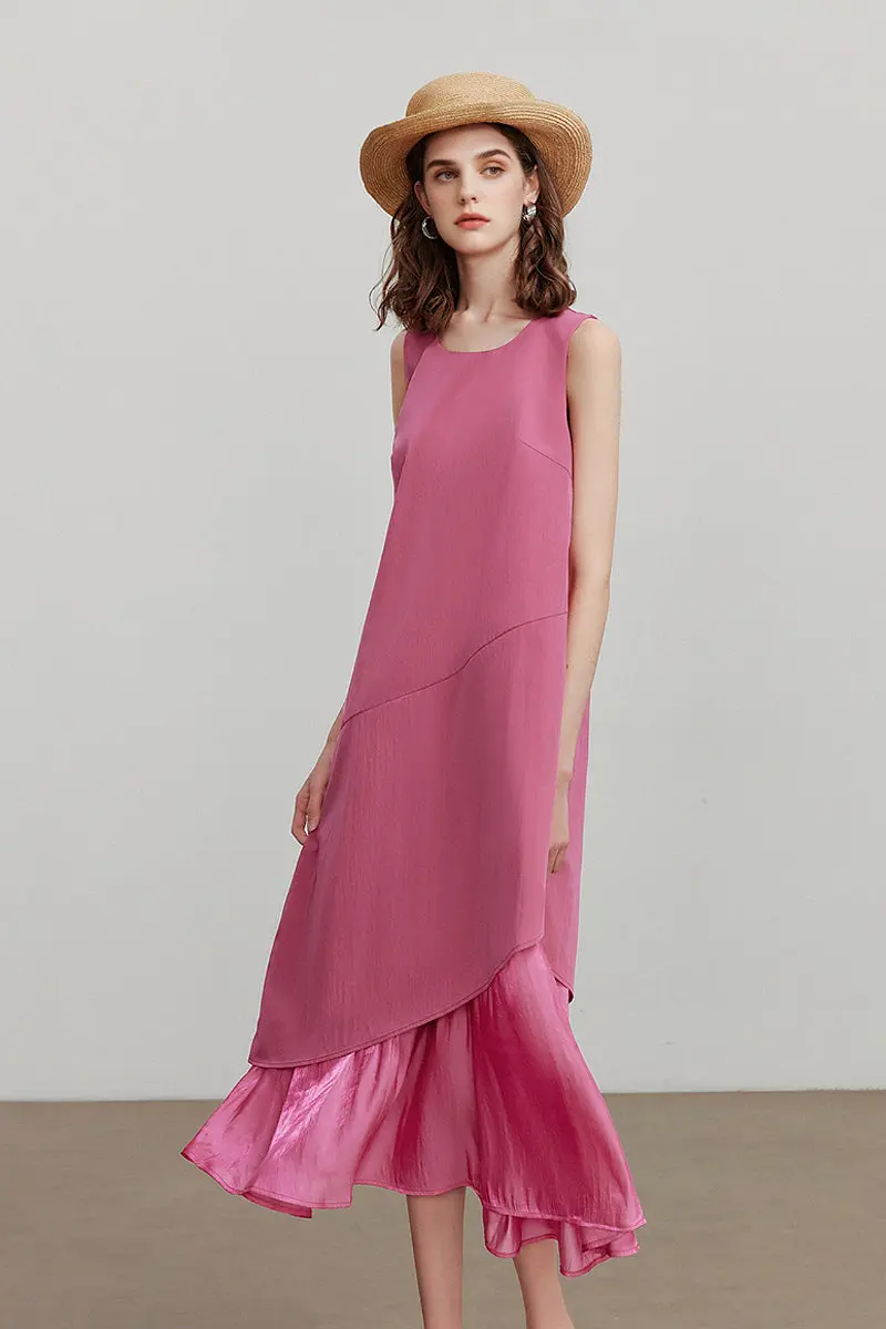 Pink Flowy Asymmetrical Sleeveless Trapeze Midi Dress - HBQMJX