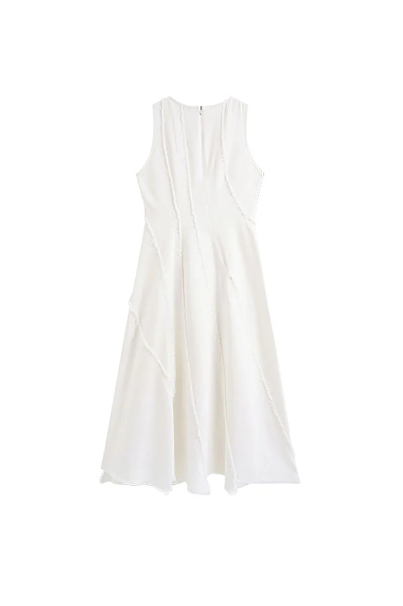 White A-Line Sleeveless Midi Dress with Raw Seams - HBQMJX