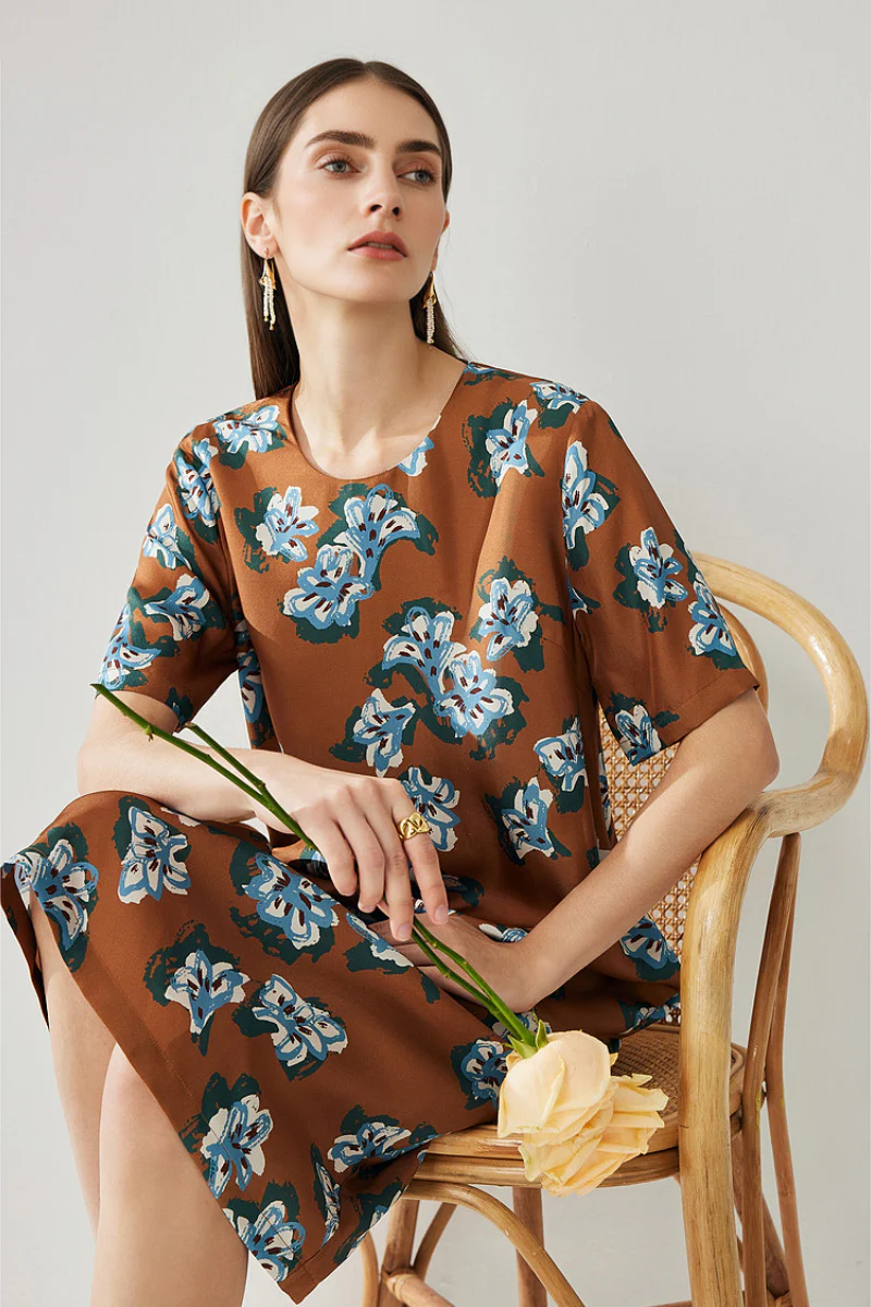 100% Silk Floral Midi Shift Dress with Pockets in Brown - HBQMJX