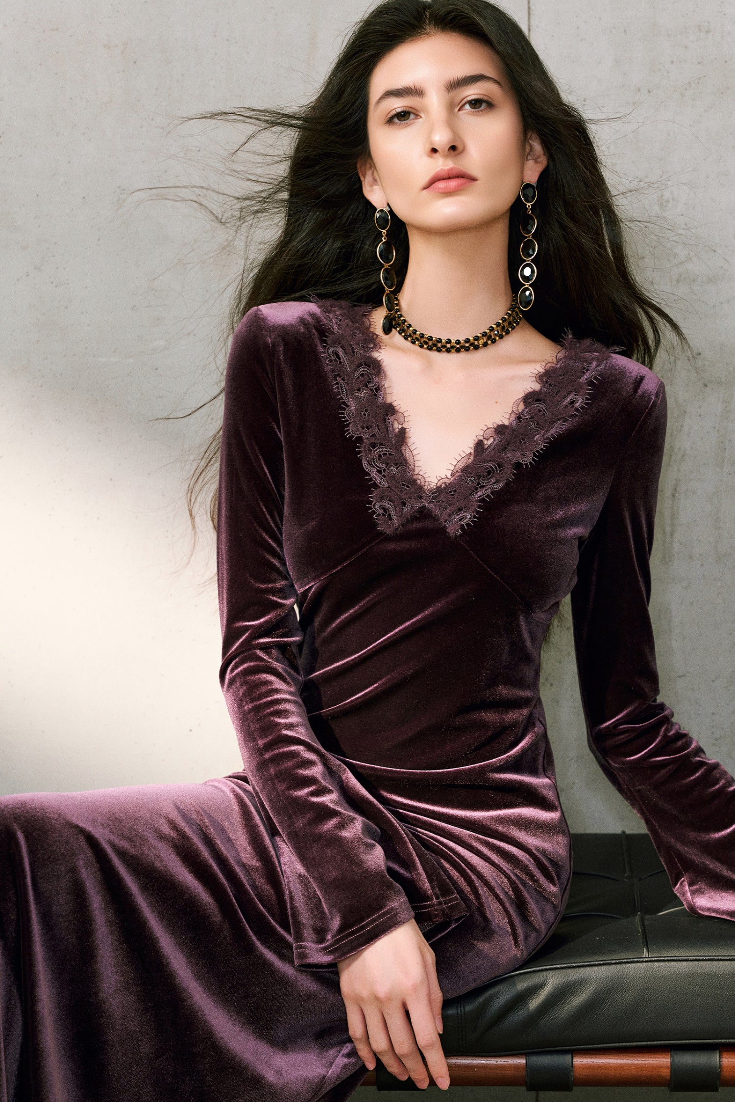 Purple Velvet Long Sleeve Lace V-Neck Maxi Dress - HBQMJX