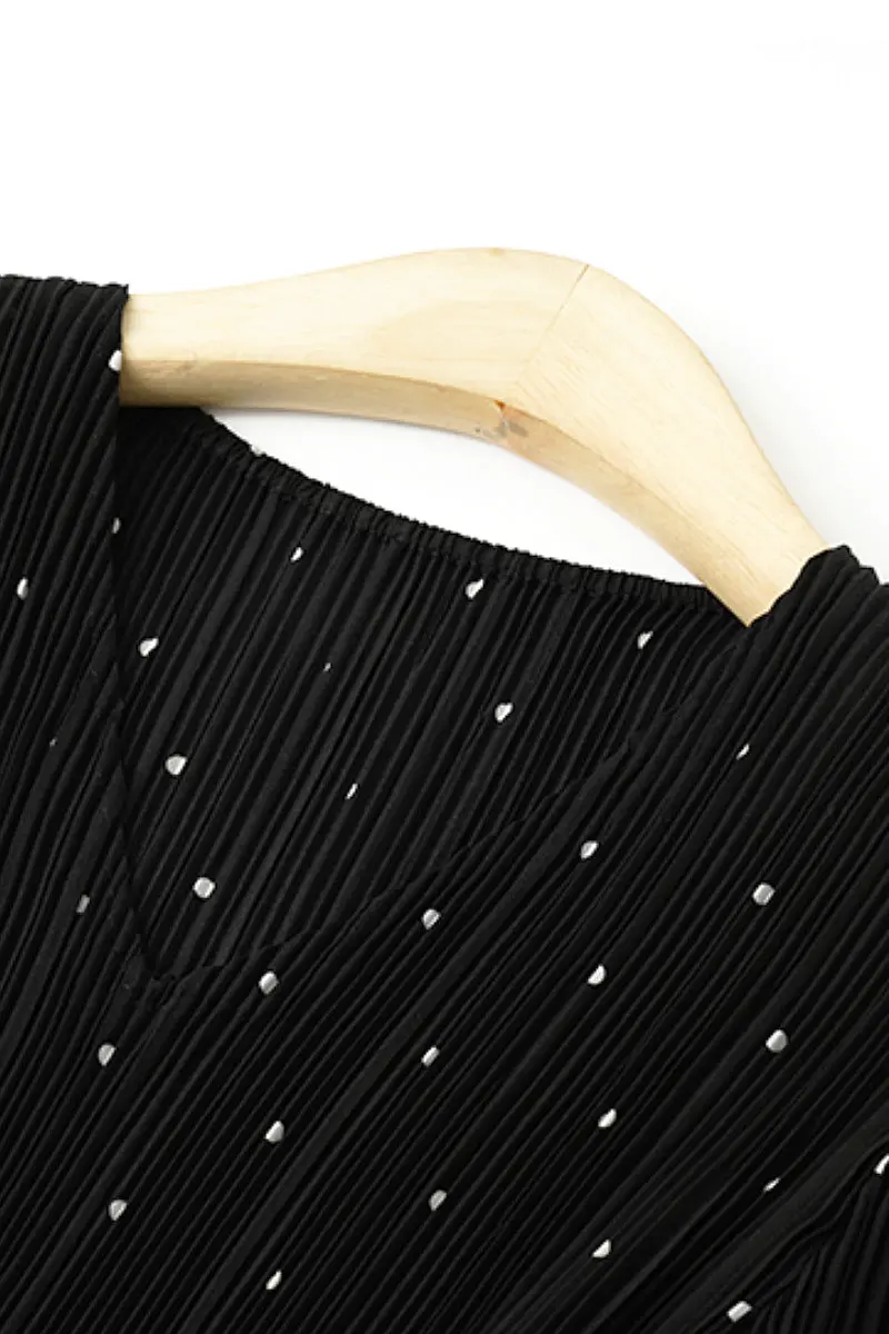 Black Pleated Polka Dot V-Neck Midi Dress - HBQMJX