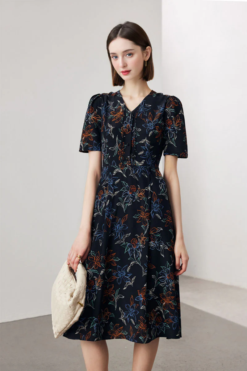 100 Mulberry Silk Floral A-Line Short-Sleeve V-Neck Midi Dress - HBQMJX