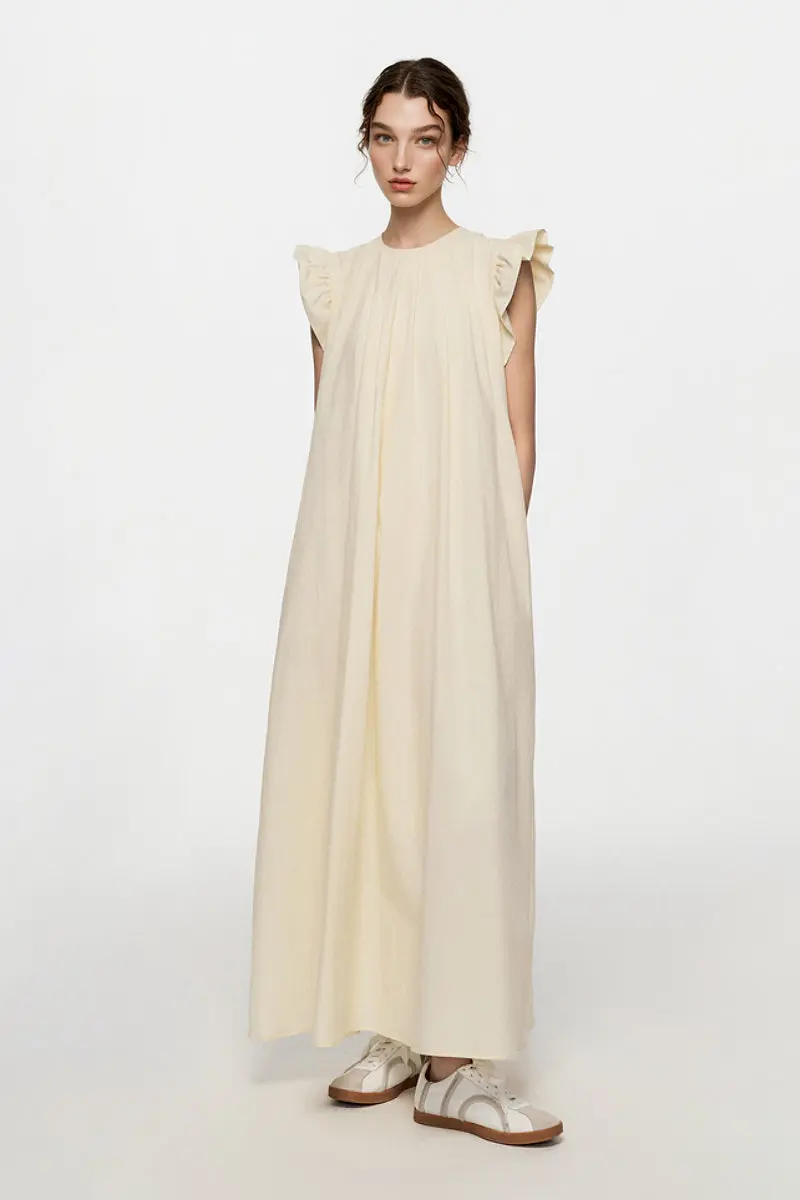 White Ruffle Cap-Sleeve Trapeze Maxi Dress - HBQMJX