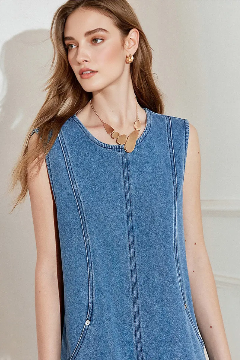 Denim Sleeveless Shift Midi Dress with Pockets - HBQMJX