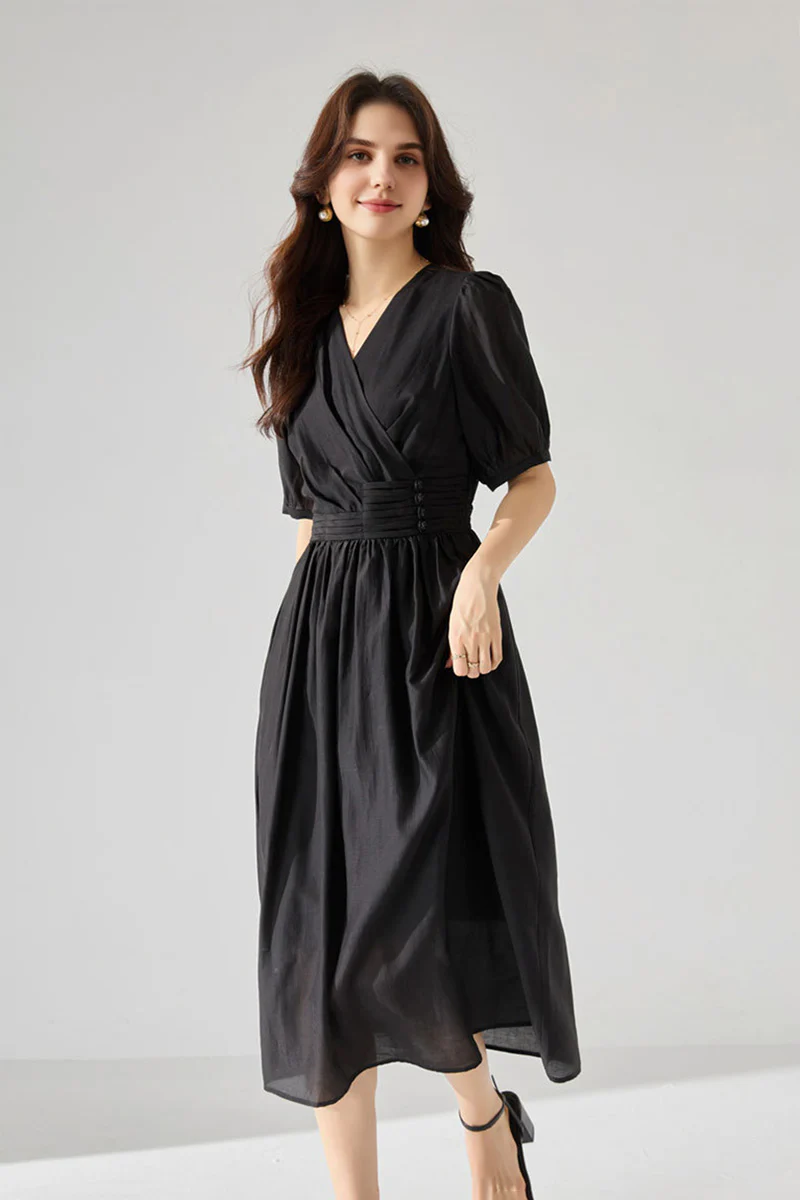 Sheer Tencel A-Line Midi Wrap Dress with Button Detail in Black - JIEEQQ