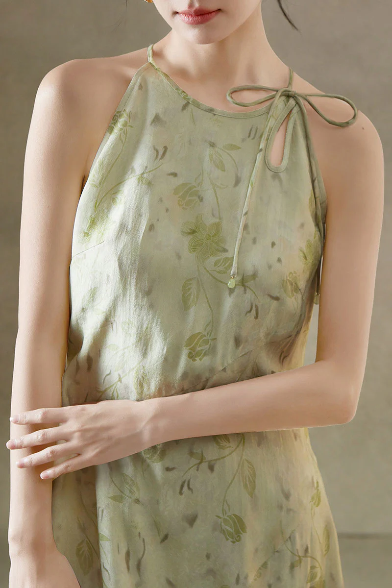 Sage Green Jacquard Halter Midi Dress with Shoulder Bow - HBQMJX