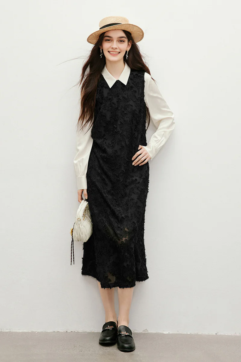 Black Floral Applique Sleeveless Dress - HBQMJX