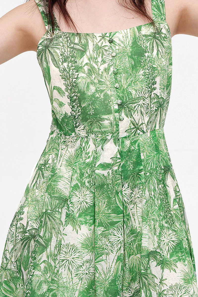 Green Floral Square-Neck Sleeveless Midi Dress - HBQMJX