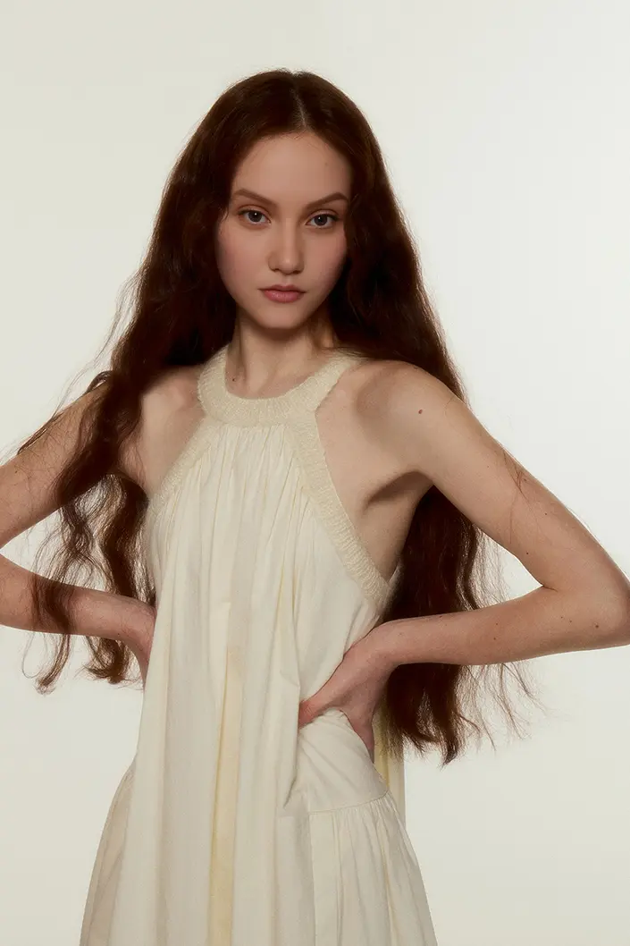 Rib Knit Collar Creamy White Midi Dress - HBQMJX