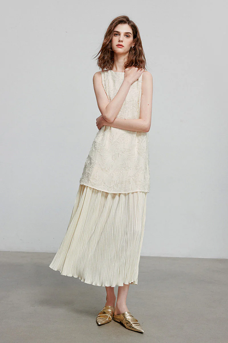 White Pleated Frayed Jacquard Mixed-Media Midi Dress - HBQMJX