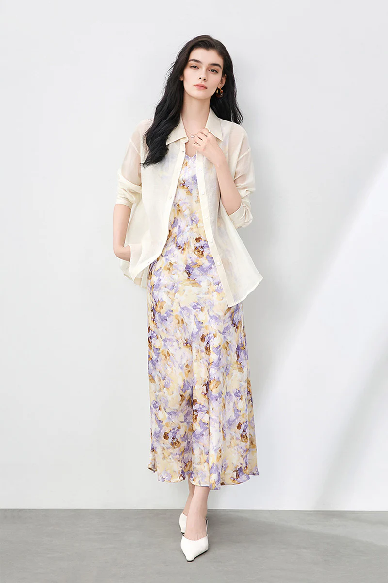 Purple Floral Sleeveless V-Neck Satin Midi Dress - HBQMJX