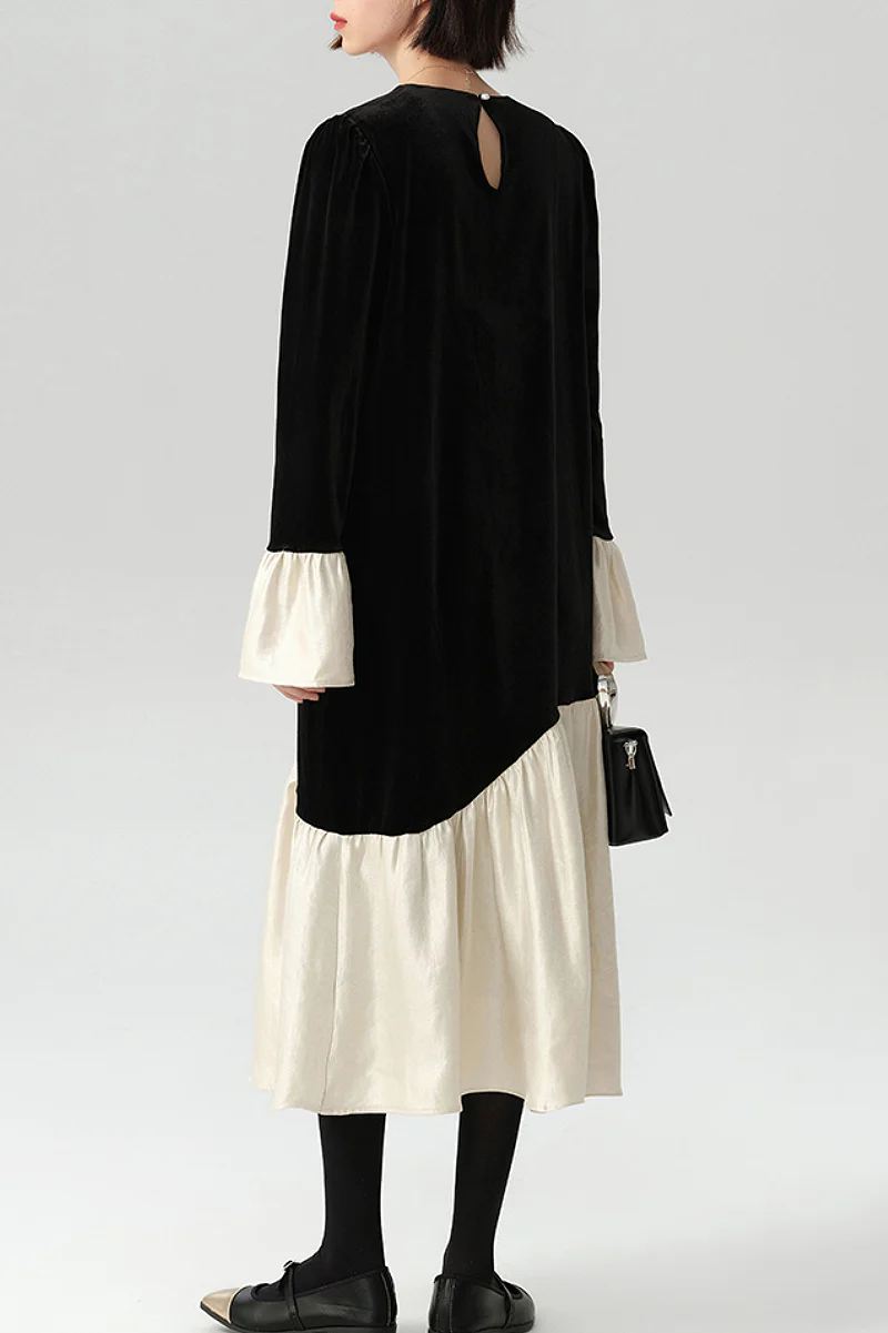 Asymmetric Patchwork Long-Sleeve Velvet Dress - HBQMJX