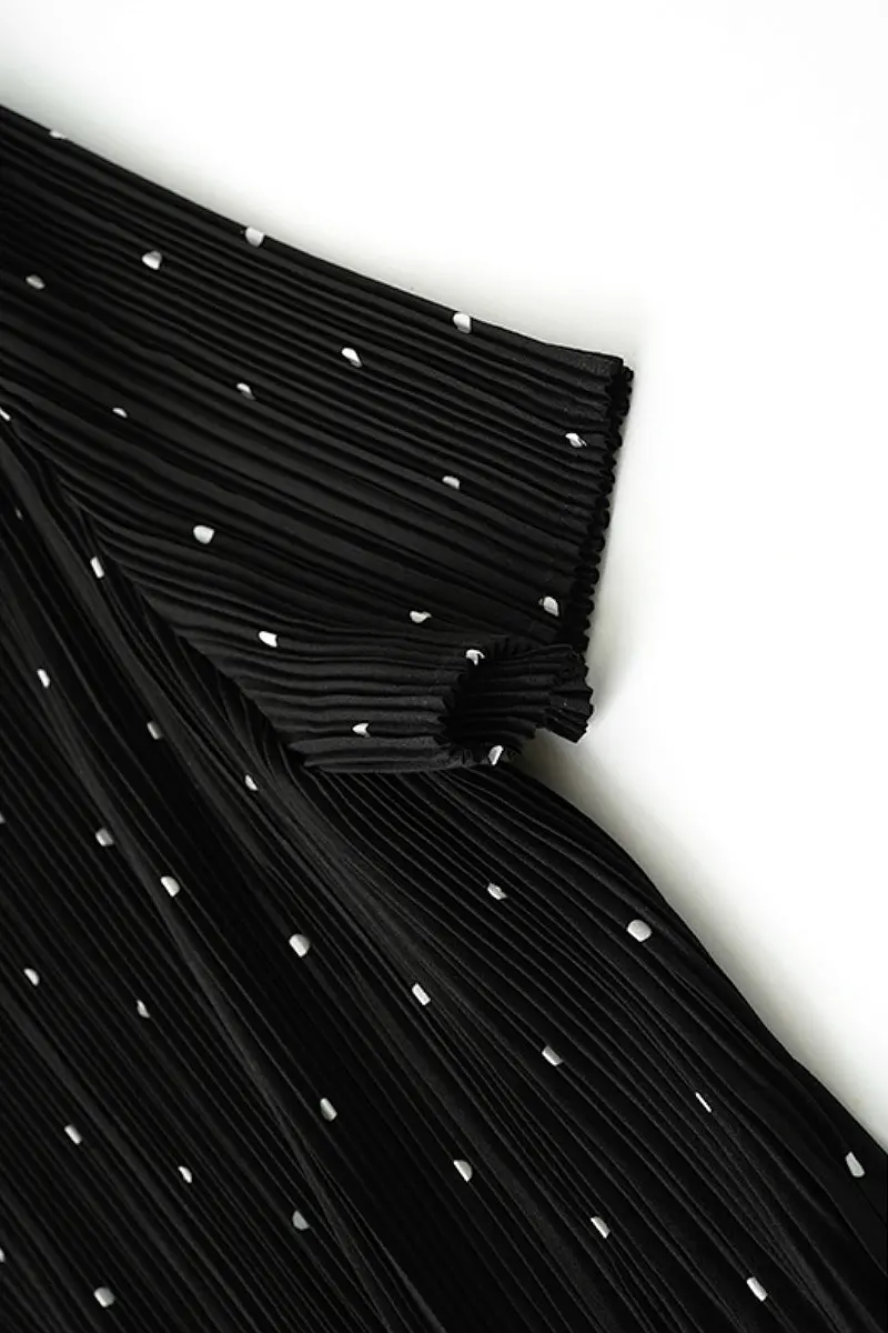 Black Pleated Polka Dot V-Neck Midi Dress - HBQMJX