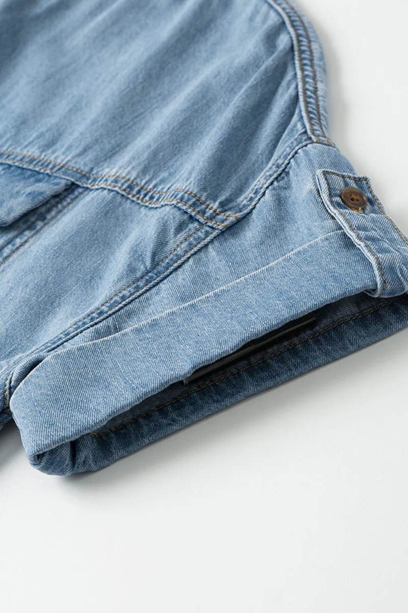 Denim Short-Sleeve Button-Up Belted Midi Shirt Dress with Back Slit - HBQMJX