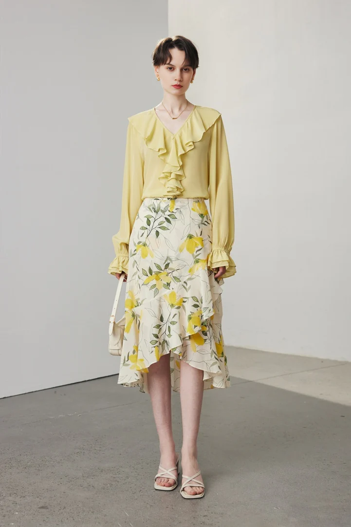 Asymmetric Silk Ruffled Floral Midi Skirt - HBQMJX