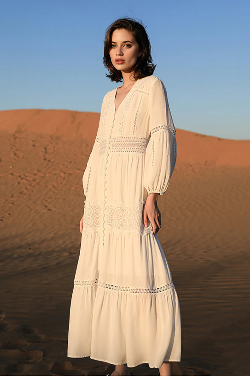 Tiered A-Line Long-Sleeve V-Neck Broderie Midi Dress with Front Buttons - HBQMJX