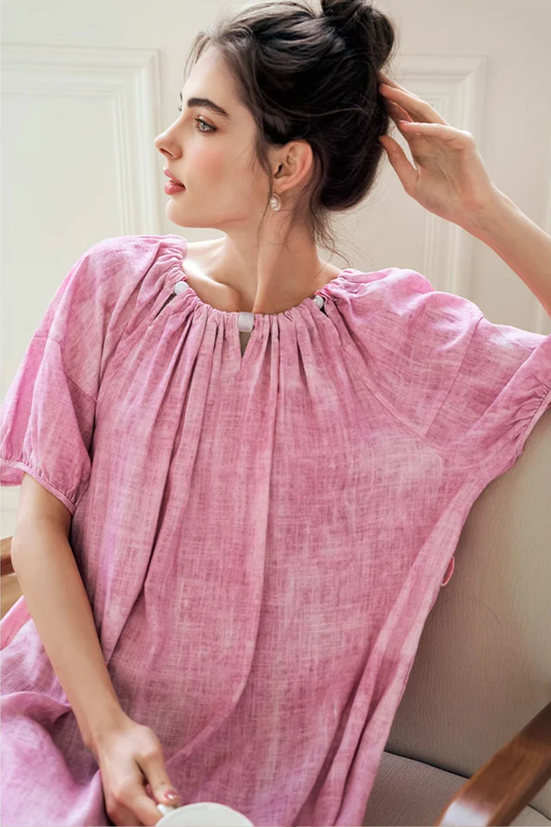 Pink Loose Puff-Sleeve Tie-Dye Midi Dress - HBQMJX