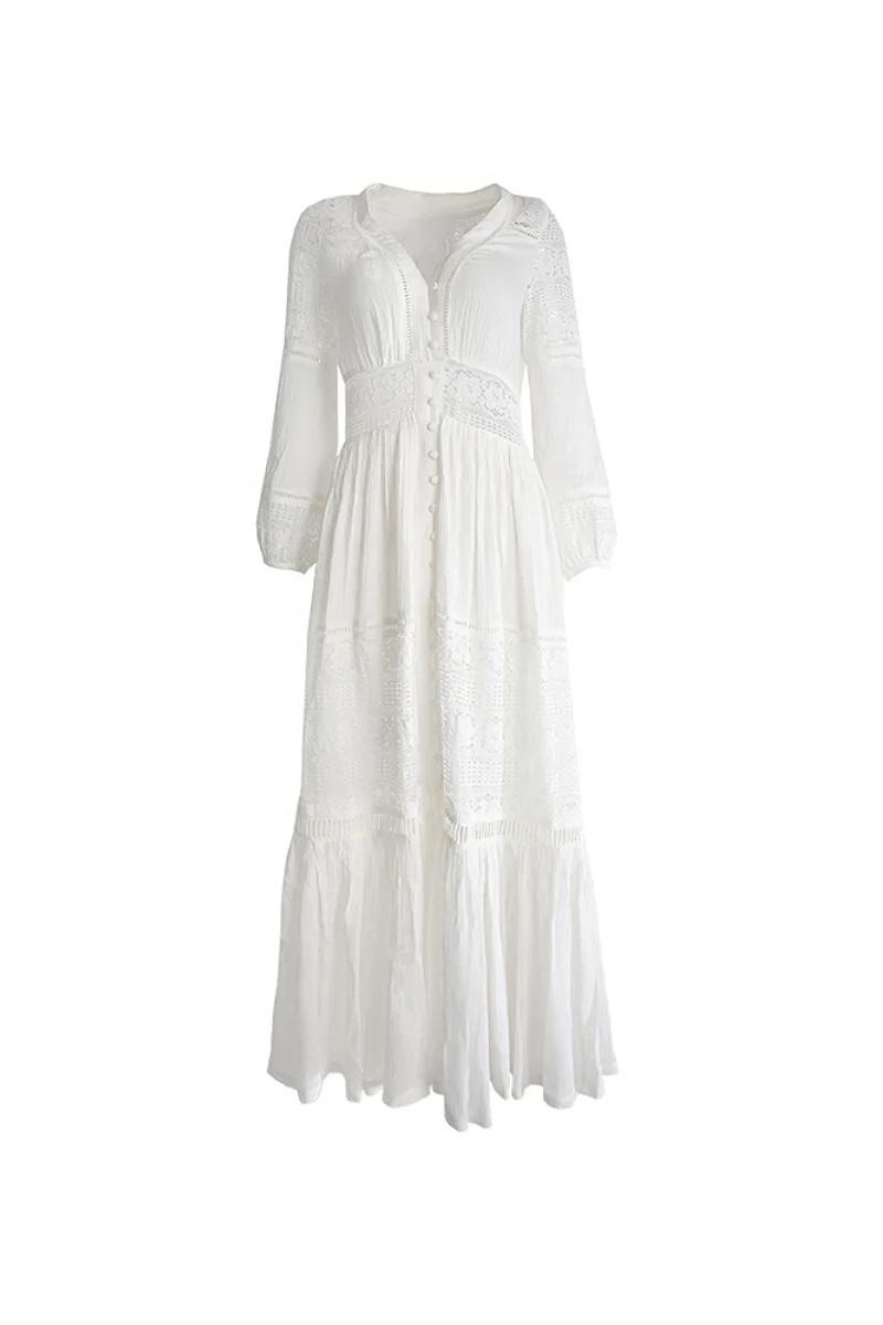 Tiered A-Line Long-Sleeve V-Neck Broderie Midi Dress with Front Buttons - HBQMJX