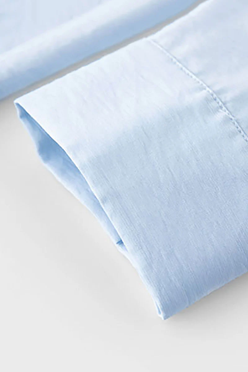 Baby Blue Long Sleeve Midi Shirt Dress - JIEEQQ